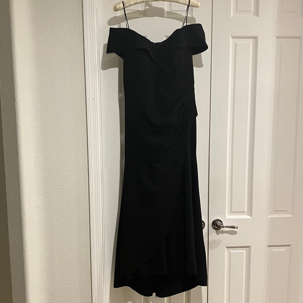 Long Off the Shoulder Stretch Crepe Gown, 12P, Black, Fishtail Back